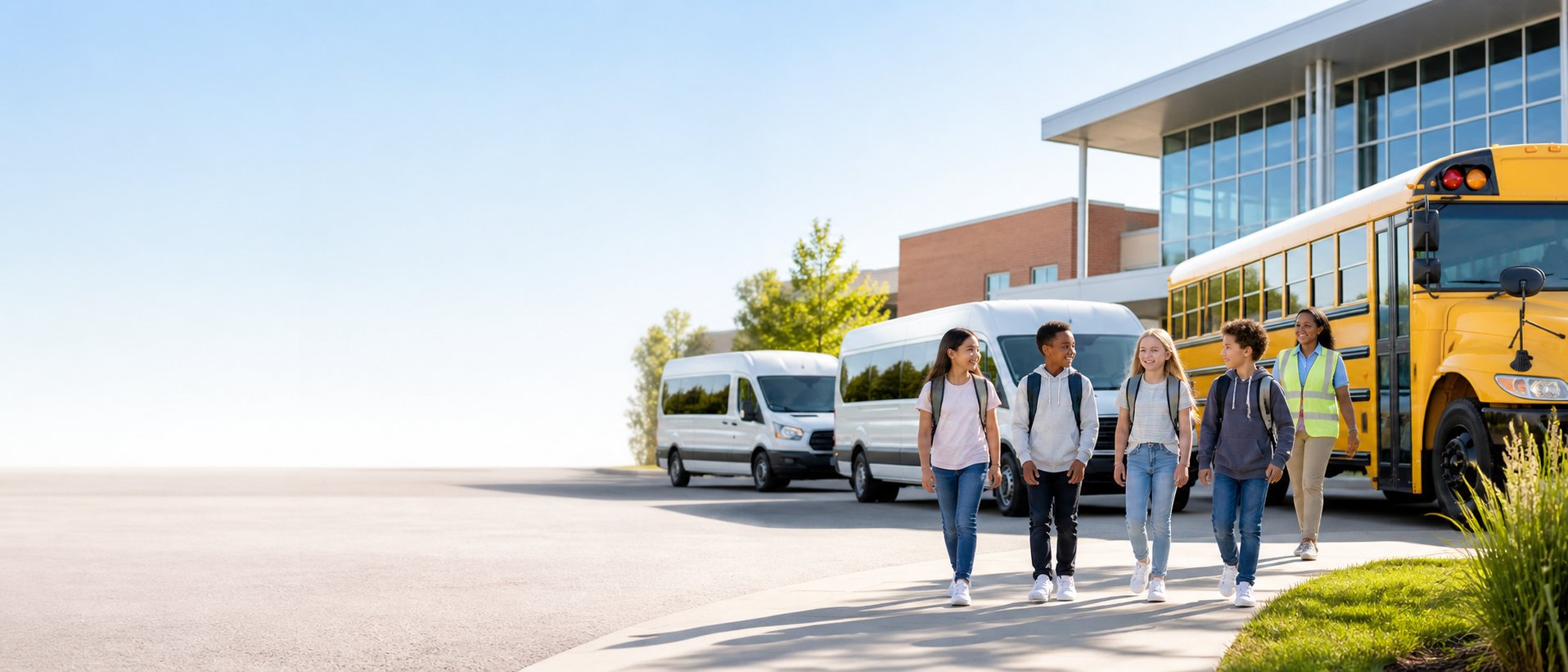 Students walking safely with yellow school bus and white vans at school