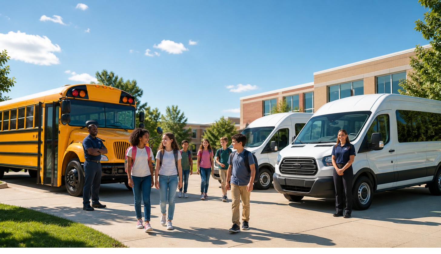 Dynamic Transportation — students with yellow school bus and white vans