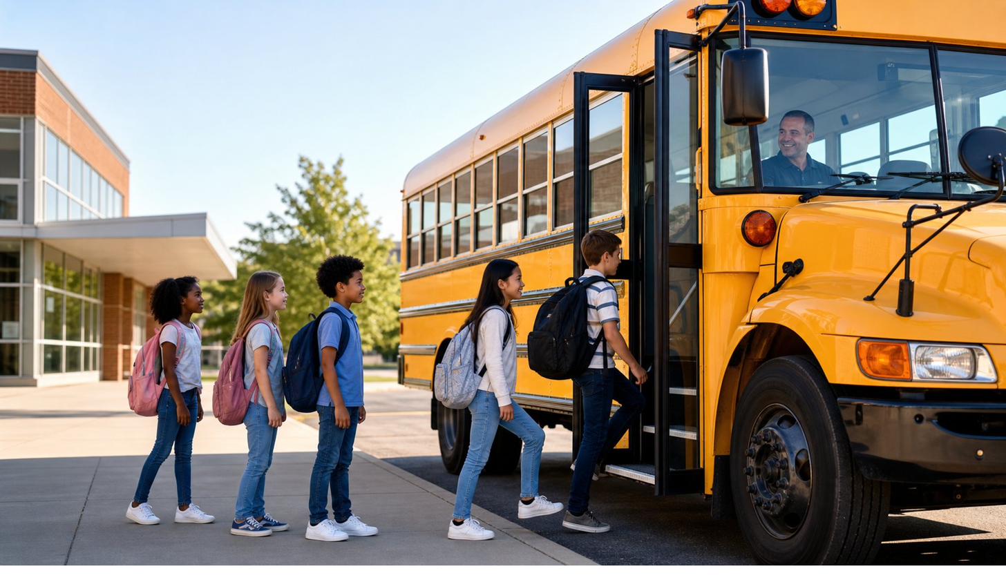 Diverse students boarding a yellow school bus with a smiling driver