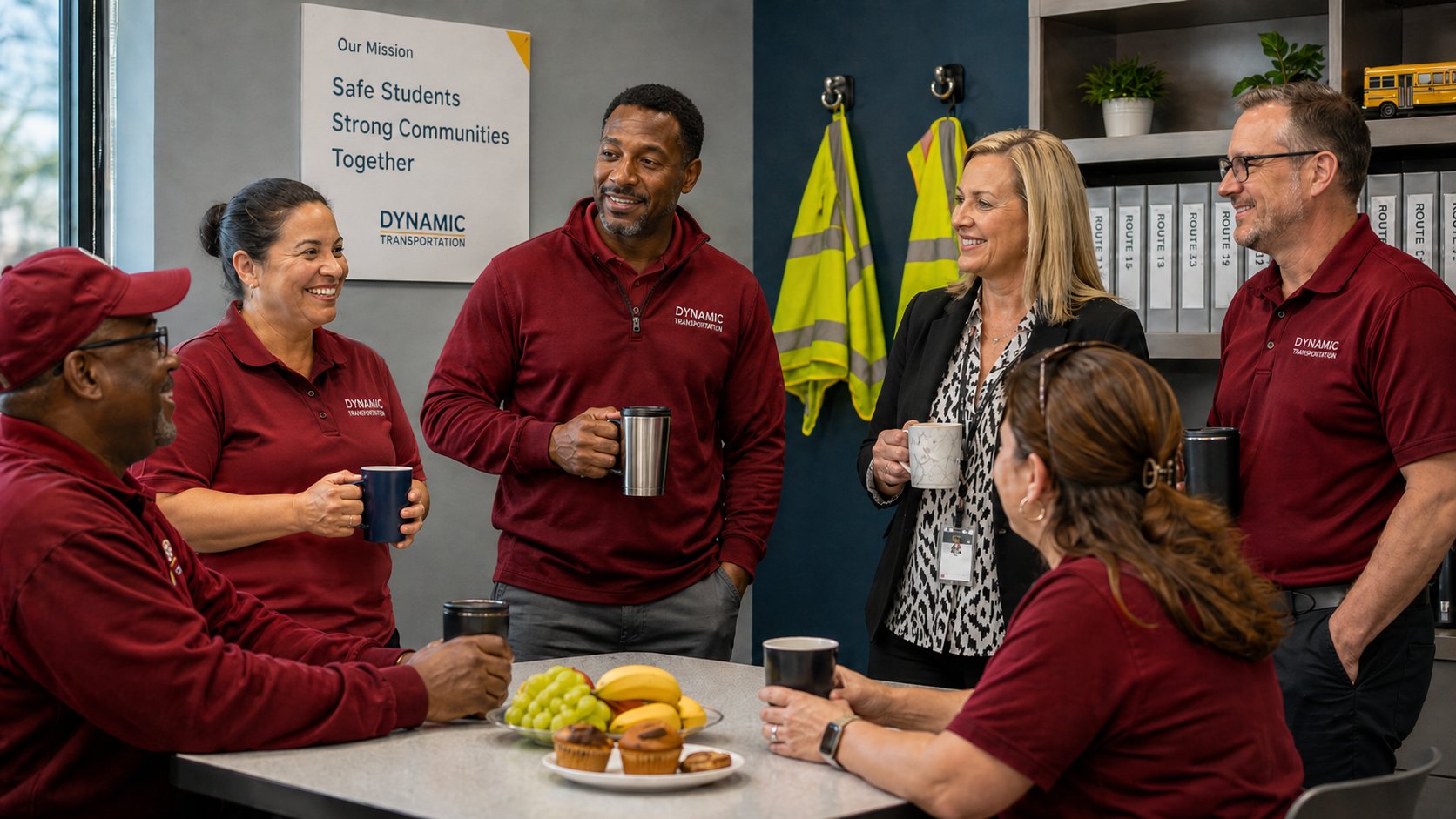 Dynamic Transportation team in the office breakroom