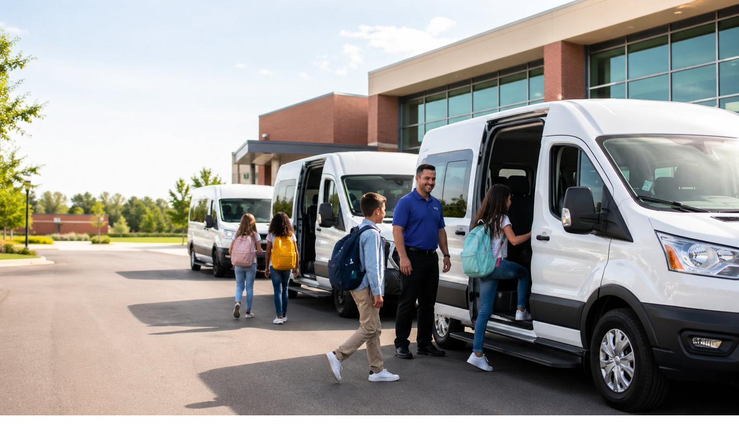 Friendly driver assisting students boarding a white Transit van